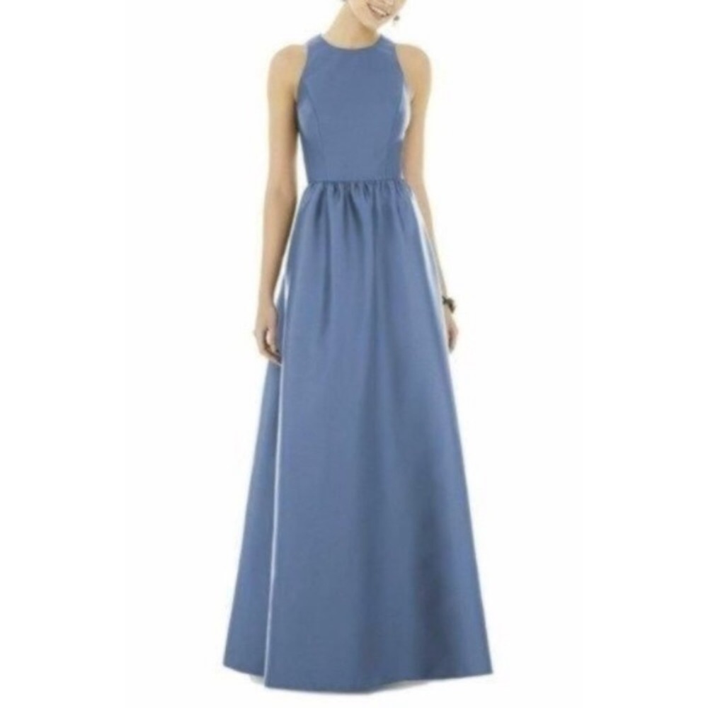 NEW Alfred Sung Sleeveless Keyhole Back Satin Maxi Dress in Larkspur